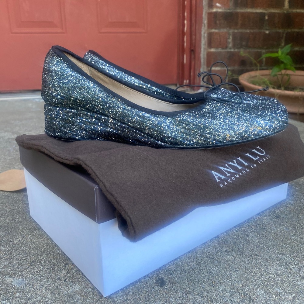 Anyi Lu Handmade in Italy Bla Glitter Low Wedge Ballet Flats Bow Round Toek